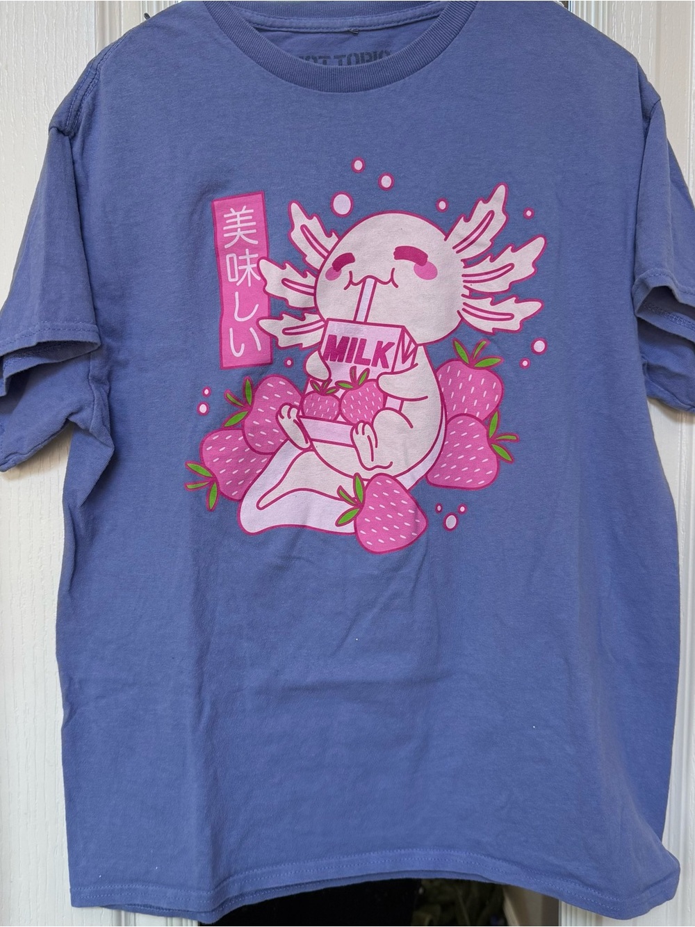 Hot Topic Purple Kids Tee with Pink Axolotl & Strawberry Graphic